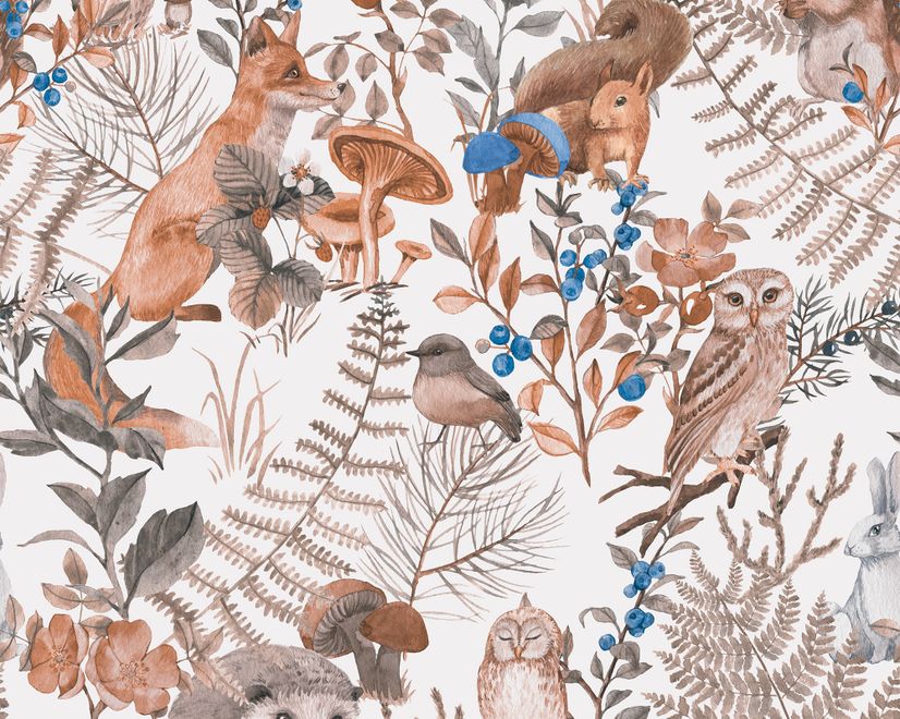 Watercolor Cute Kids Forest Animals in Forest Wallpaper Mural