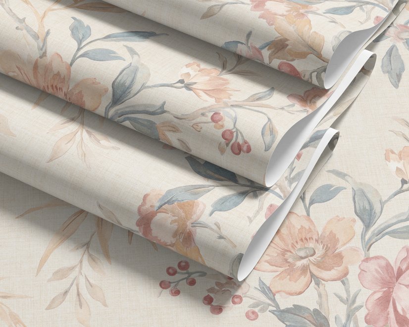 Pink chinoiserie wallpaper with watercolor flowers, blue-grey leaves and red berries on a cream linen-texture ground