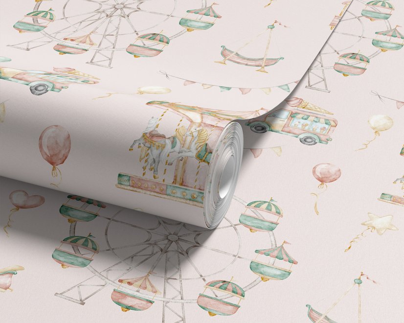 Children's playroom wallpaper with pastel Ferris wheel, carousel horses, tents and balloons on blush pink