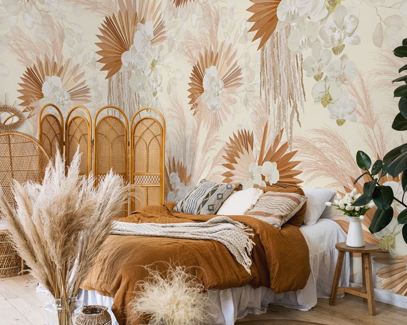 Neutral Boho Plants with Palm Leaf Wallpaper Mural