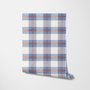 Blue and red plaid wallpaper with denim blue, cream and sky blue woven checks and fine red stripes