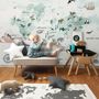 Papier peint  panoramique carte monde bleue animaux lapin volant enfants