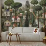 Architectural design wallpaper mural of forest treehouses, rivers, boats and small figures in green watercolour