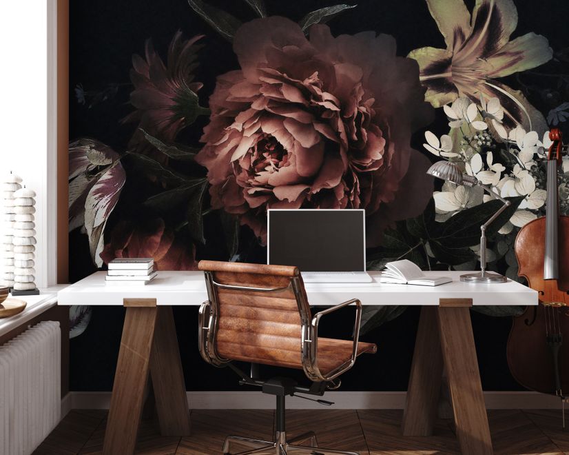 Dark Floral Bouquet with Red Peony and Lily Wallpaper Mural