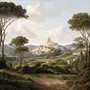 Vintage oil painting wallpaper of cypress trees, villas and a domed cathedral in an Italian landscape