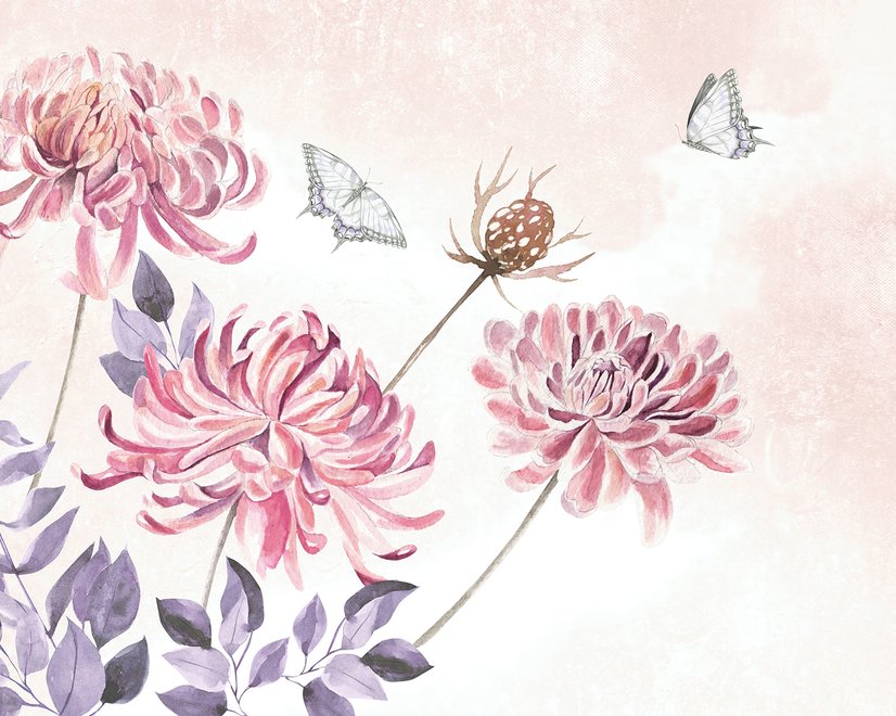 Retro Watercolor Pink Dandelion Flower Art Wallpaper Mural