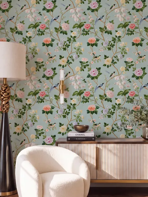 Chinoiserie wallpaper with peach birds, orchids and peonies on a pale duck egg blue ground