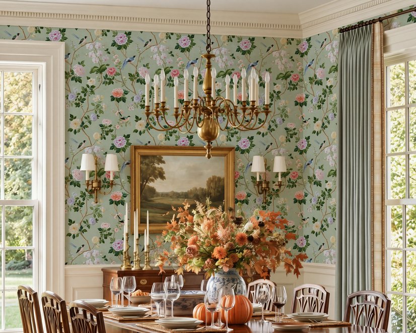 Celadon-sage chinoiserie wallpaper with blue-grey birds, tan branches, pink peonies and white orchids