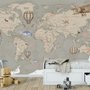 Papier peint enfant avec carte du monde politique en marron et animaux dessinés