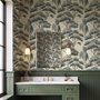 Vintage Japanese tree nature wallpaper with blue-grey canopies, willow foliage, birds and ivory-cream ground