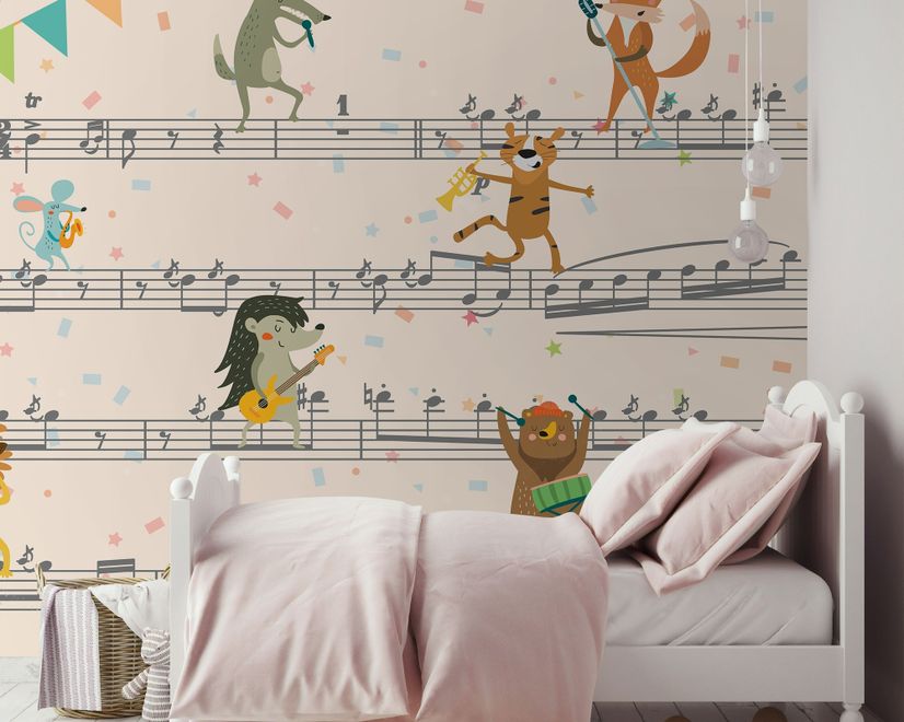 Cartoon Animals on Music Notes Wallpaper Mural