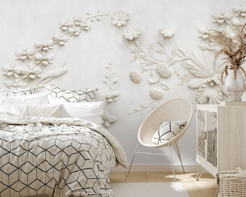 3D Embossed Look Cement Lily Flower Wallpaper Mural