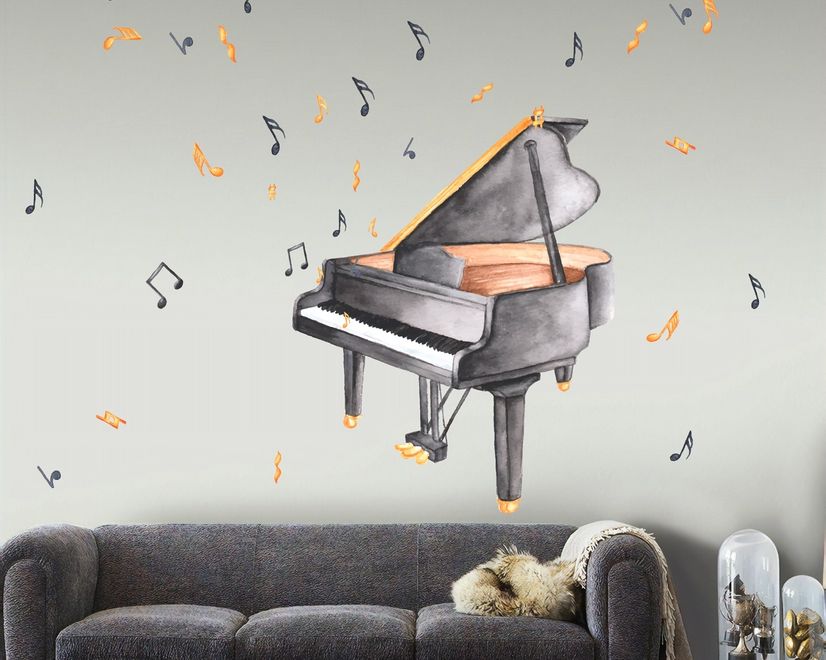 Aquarell Klavier und Trompete mit bunten Musiknoten Wandtattoo