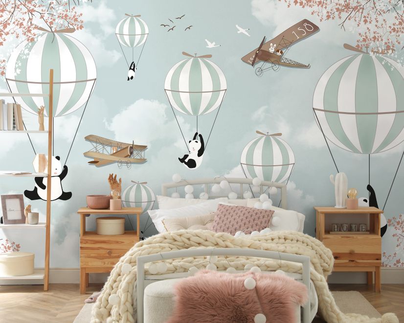 Cartoon Pandas with Hot Air Balloons Wallpaper Mural