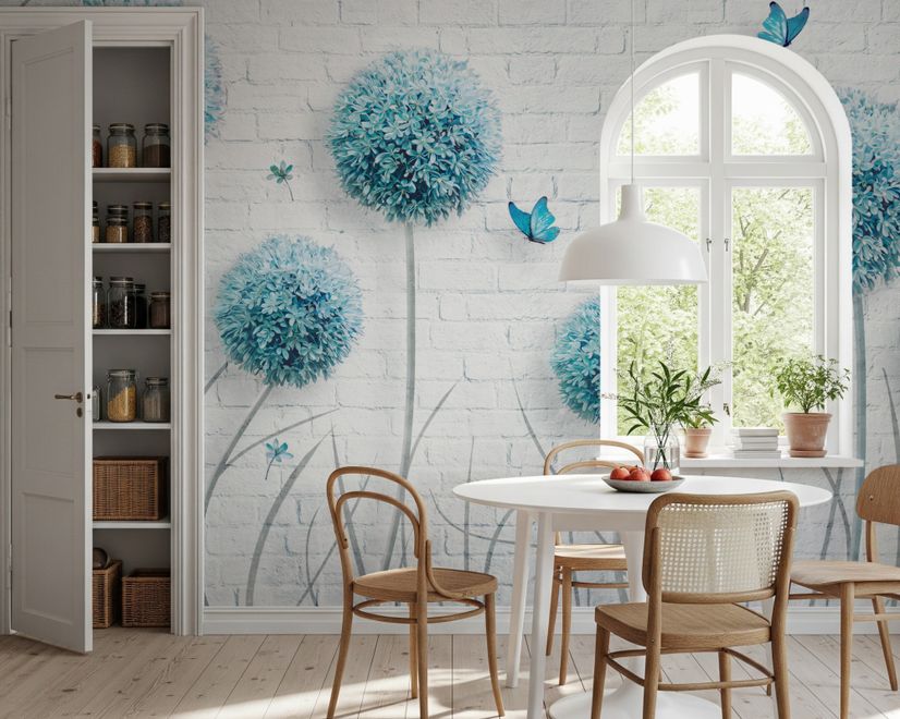 Dandelion Floral and Butterfly Wallpaper Mural