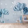 Blue Transparent Floral and White Butterflies Wallpaper Mural