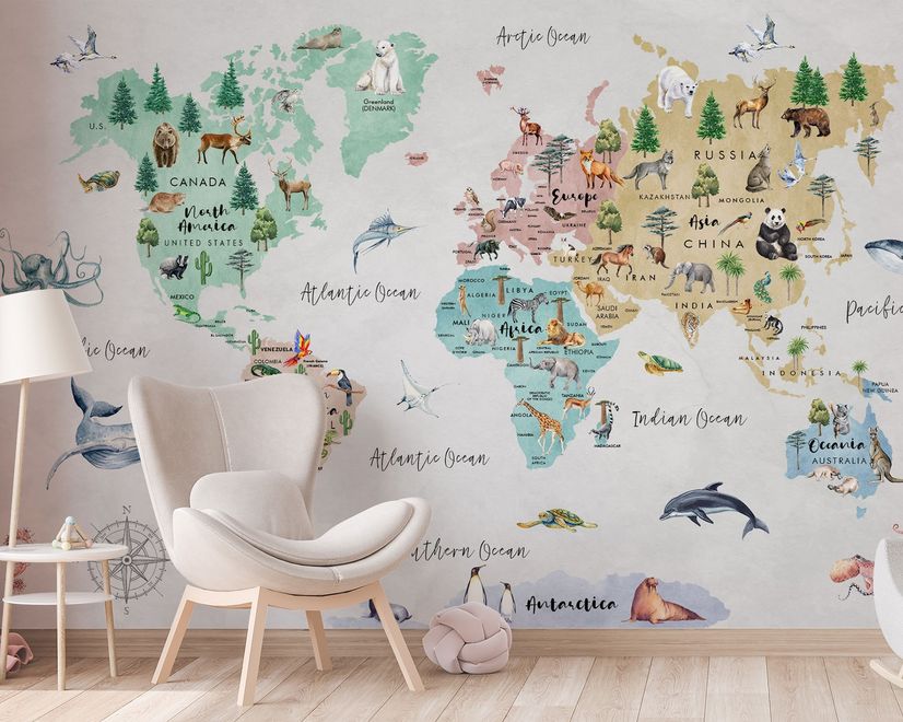 Kids Watercolor World Map Wallpaper Mural