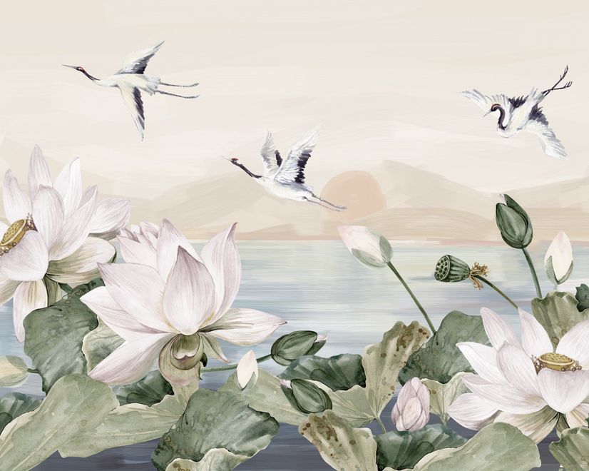 Weiße Lotusblumen und Kranichvögel Fototapete