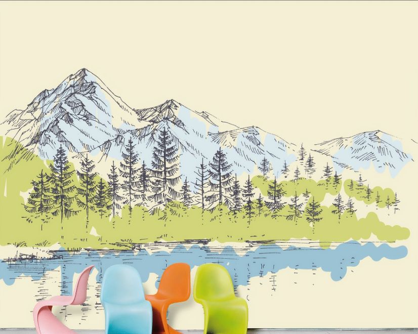 Charcoal Mountain Landscape with Lake and Pine Trees Wallpaper Mural