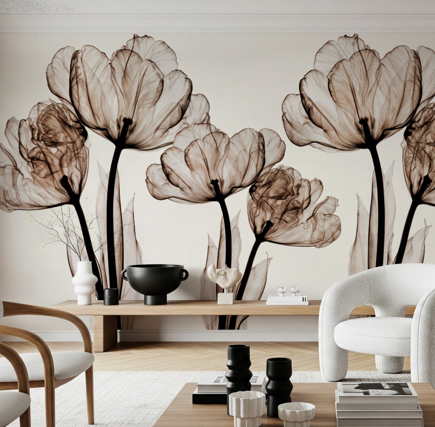 Transparent Floral Art Wallpaper Mural - Peel and Stick