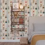Cartoon wallpaper with rabbits, mice, a crowned fox and lambs in costumes between wavy blue stripes