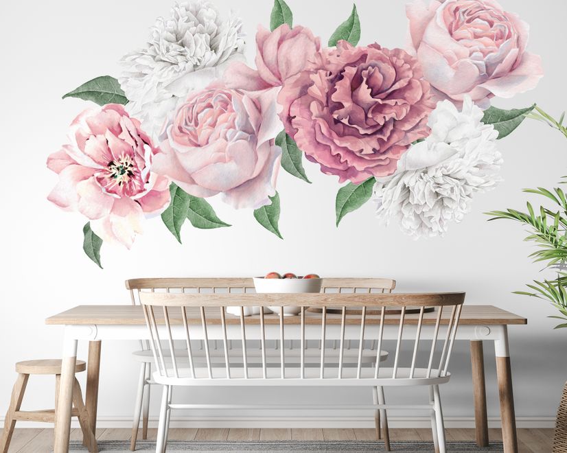 Stickers muraux bouquet floral de pivoine rose et blanche avec bouton de rose aquarelle