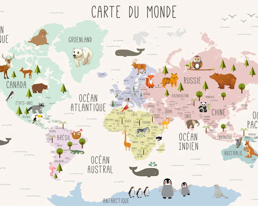  Carte éducatif en Français - Papier peint carte du monde éducative avec animaux pour enfants et bébé