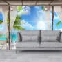 3D Look  Blue Sea Landscape with Old Arches and Palm Trees Wallpaper Mural