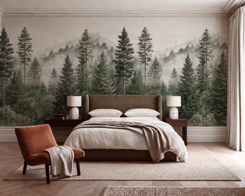 Misty mountain wallpaper mural with tall pine trees, layered green forest and pale foggy ridges