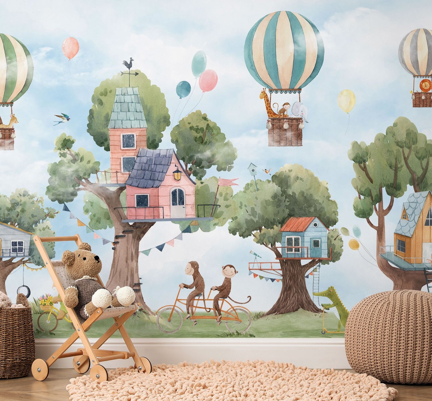 Cute Flying Animals with Treehouse for Kids Nursery Wallpaper Mural - Peel and Stick