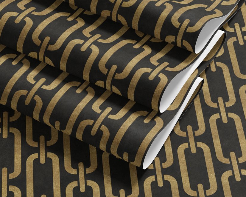 Black wallpaper with gold vertical chain link Art Deco repeat on a textured charcoal ground