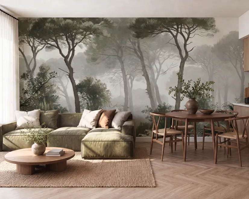 Forest in fog wallpaper with tall pine trees, grey mist, shrubs and a spiky palm in watercolour.
