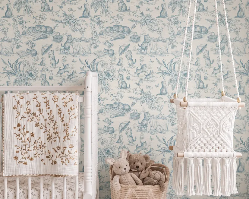 Cute cats wallpaper with dusty blue toile kittens, roses and garden scenes on warm cream