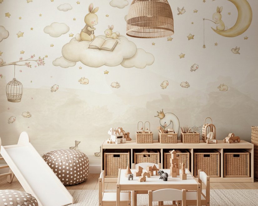 Rabbits on the Clouds and Empty Cages Wallpaper Mural