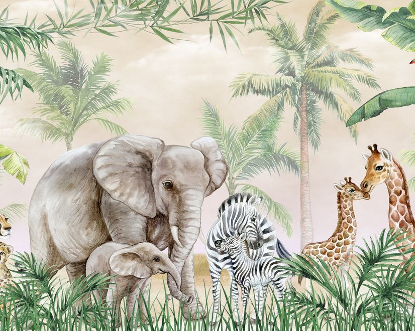 Kids Safari Animals with Cub Wallpaper Mural