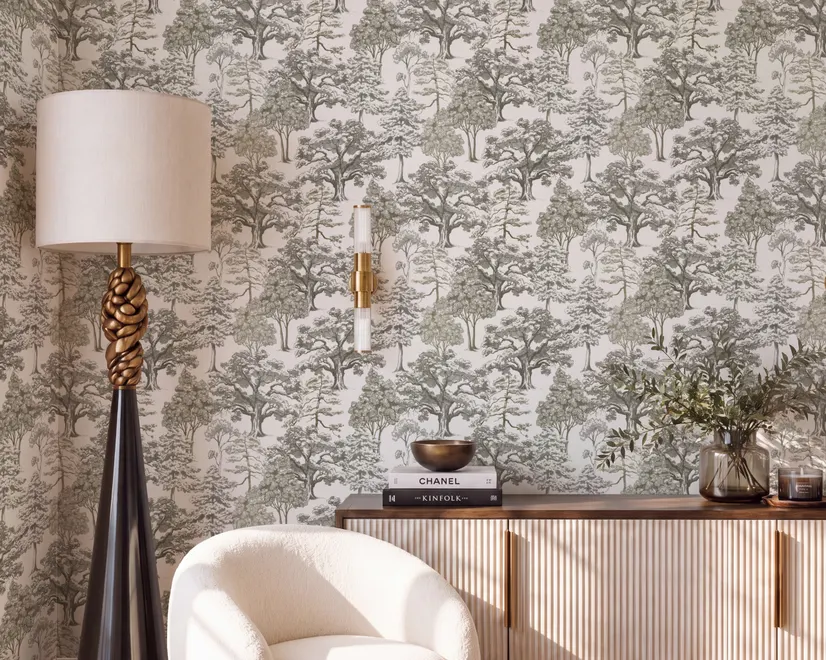 Monochrome wallpaper with grey tree toile on a clean white ground