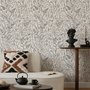 Black outline botanical wallpaper with charcoal wildflowers and grasses on a warm ivory cream ground