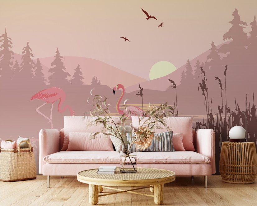 Fototapete Rosafarbener Sonnenaufgang mit Flamingos