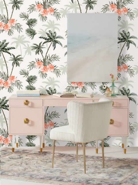 Tropical Palm Tree with Mirabilis Floral Pattern Wallpaper Mural