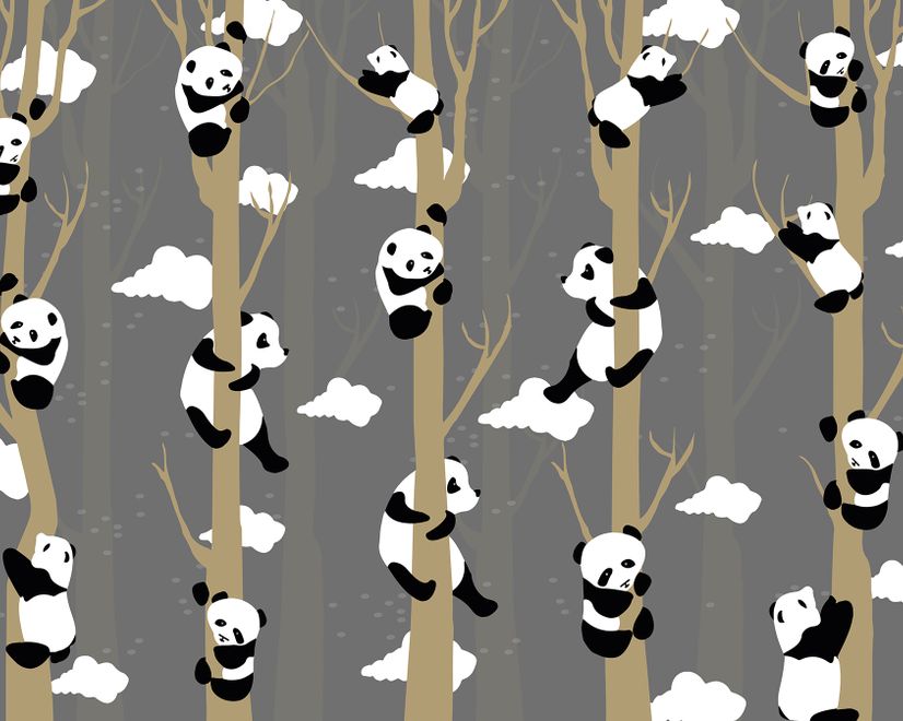 Cartoon Pandas with Tree Branches Wallpaper Mural