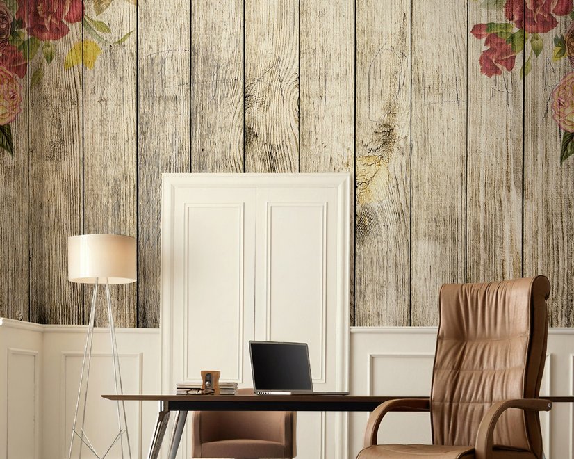 Vintage Blumen mit Holz Fototapete