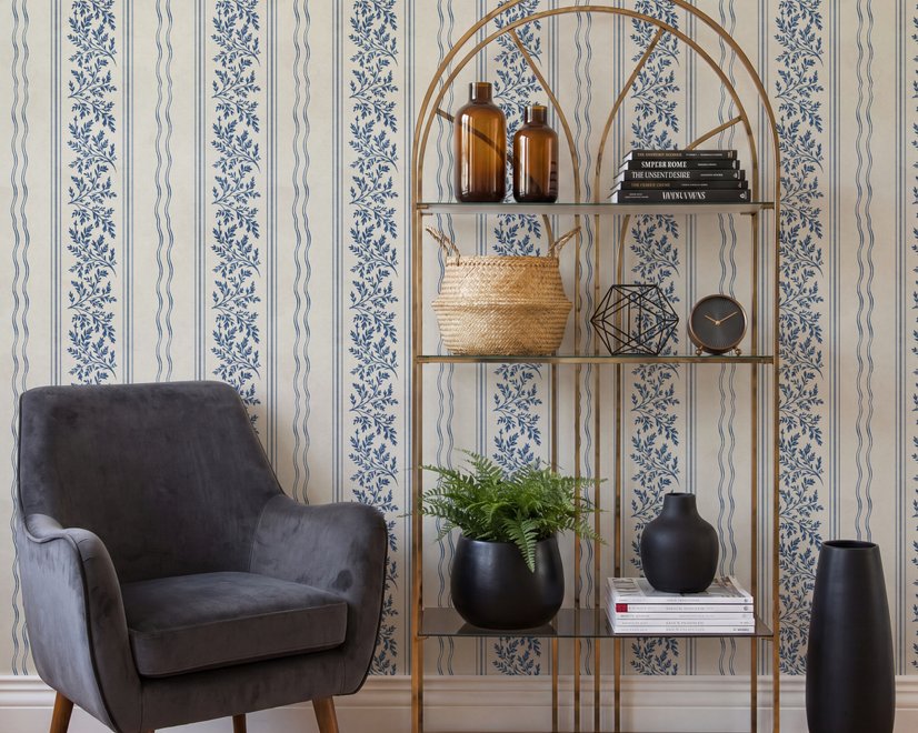 Blue wallpaper with indigo botanical stripework, pinstripes and dotted borders on warm cream parchment