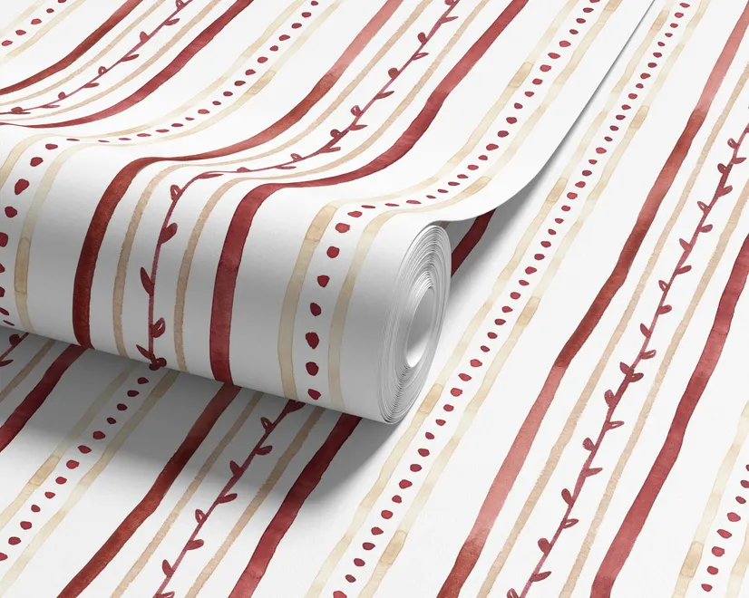 Watercolor stripe leaf wallpaper with burgundy dots and heart leaves on a bright white ground