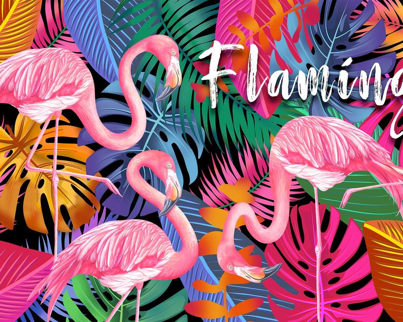 Pink Flamingo with Colorful Leaf Wallpaper Mural