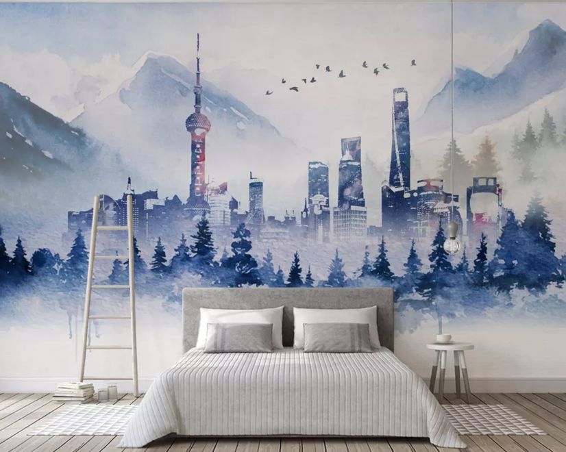 Watercolor Skyscraper Landscape Wallpaper Mural