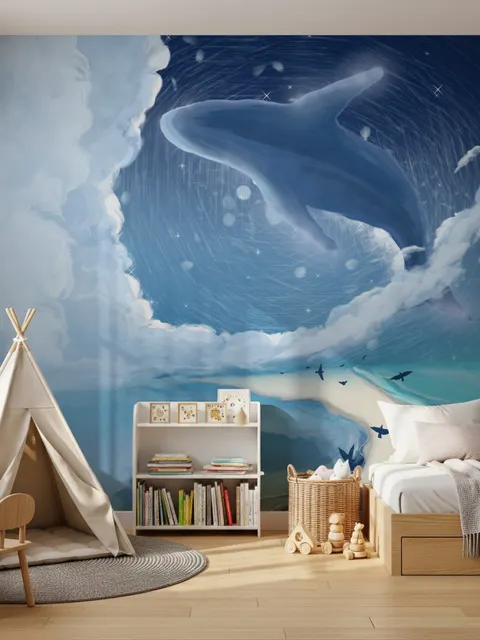 Cartoon Whale with Nightscape Wallpaper Mural