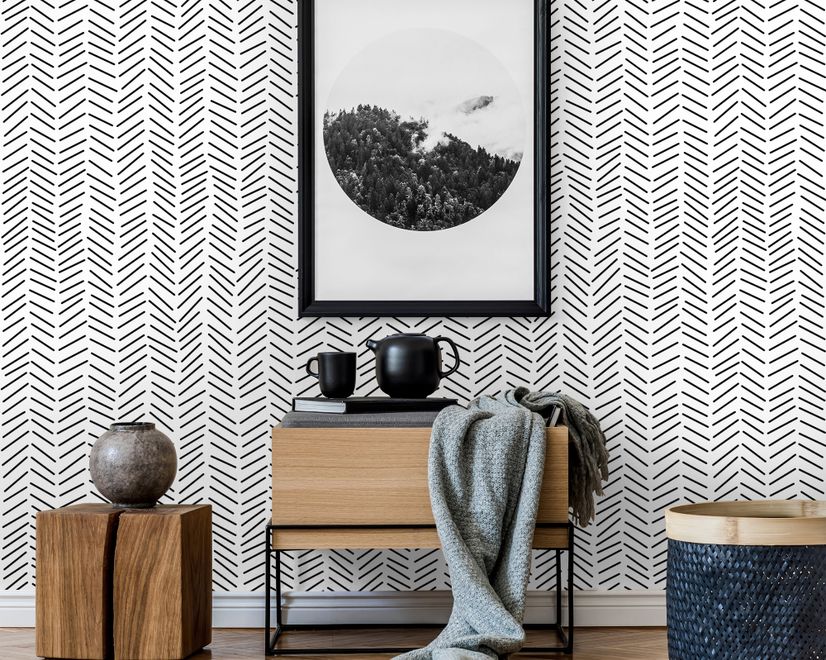 Modern Herringbone Line Black and White  Wallpaper Mural
