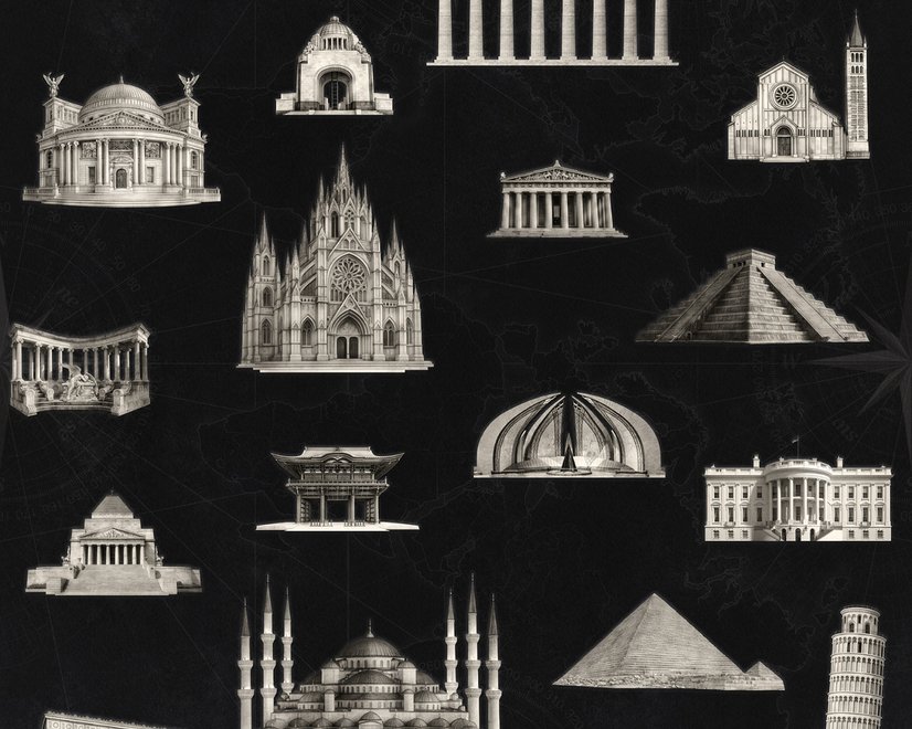 Vintage World Architecture Sketch Wallpaper Mural