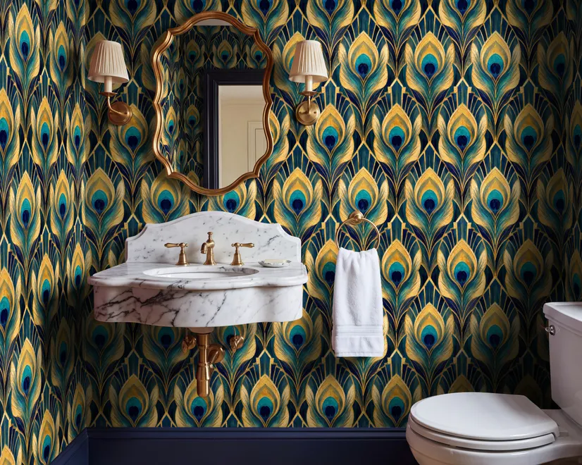 Art Deco feathers wallpaper with turquoise peacock eyes, gold plumes and navy teal ground