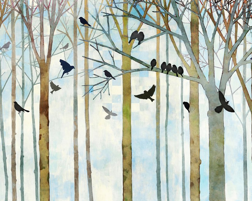 Vintage Abstrakter Wald und Schwarzer Vogel Fototapete
